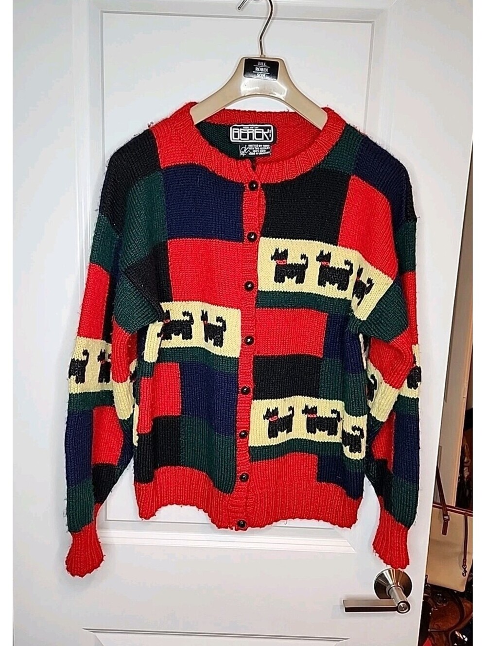 VINTAGE 1989 BEREK MARTA D 'SCOTTISH TERRIER 100% WOOL CARDIGAN SWEATER TULSA